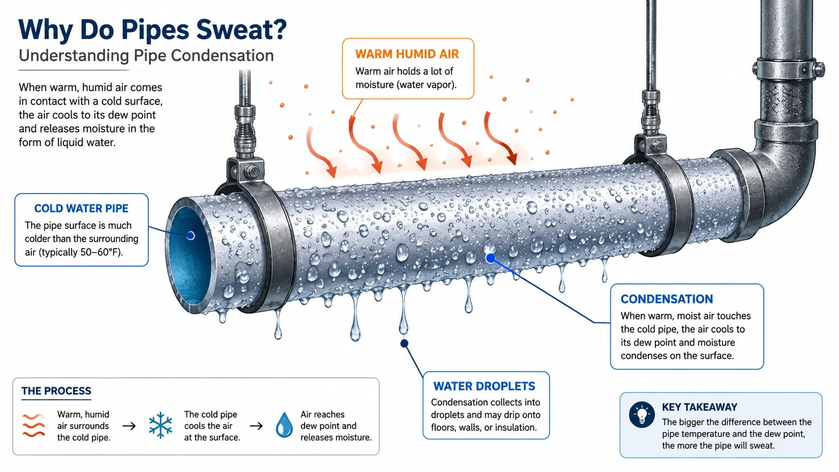 Educational diagram showing warm humid air contacting a cold water pipe, causing condensation and water droplets to form on the pipe surface.