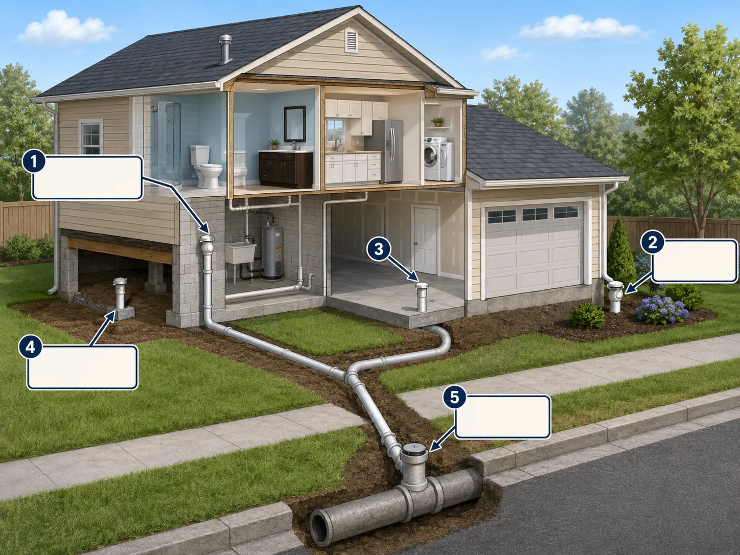 Plumbing cleanout locations infographic showing basement, garage, crawl space, outside foundation, and yard sewer line cleanouts.