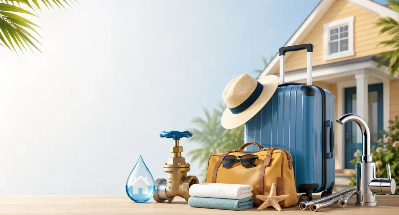 Homeowner checking main water shutoff valve before leaving for summer vacation