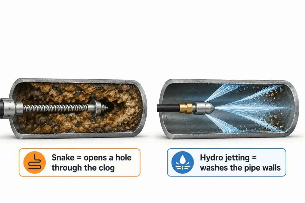 Side-by-side pipe cutaway showing a drain snake opening a small hole through a clog and hydro jetting washing buildup from the pipe walls.