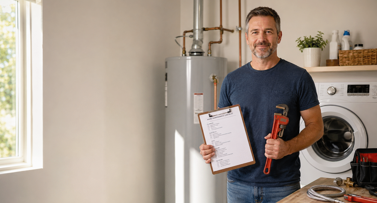 Homeowner going through summer plumbing tips checklist with a wrench in a home utility area