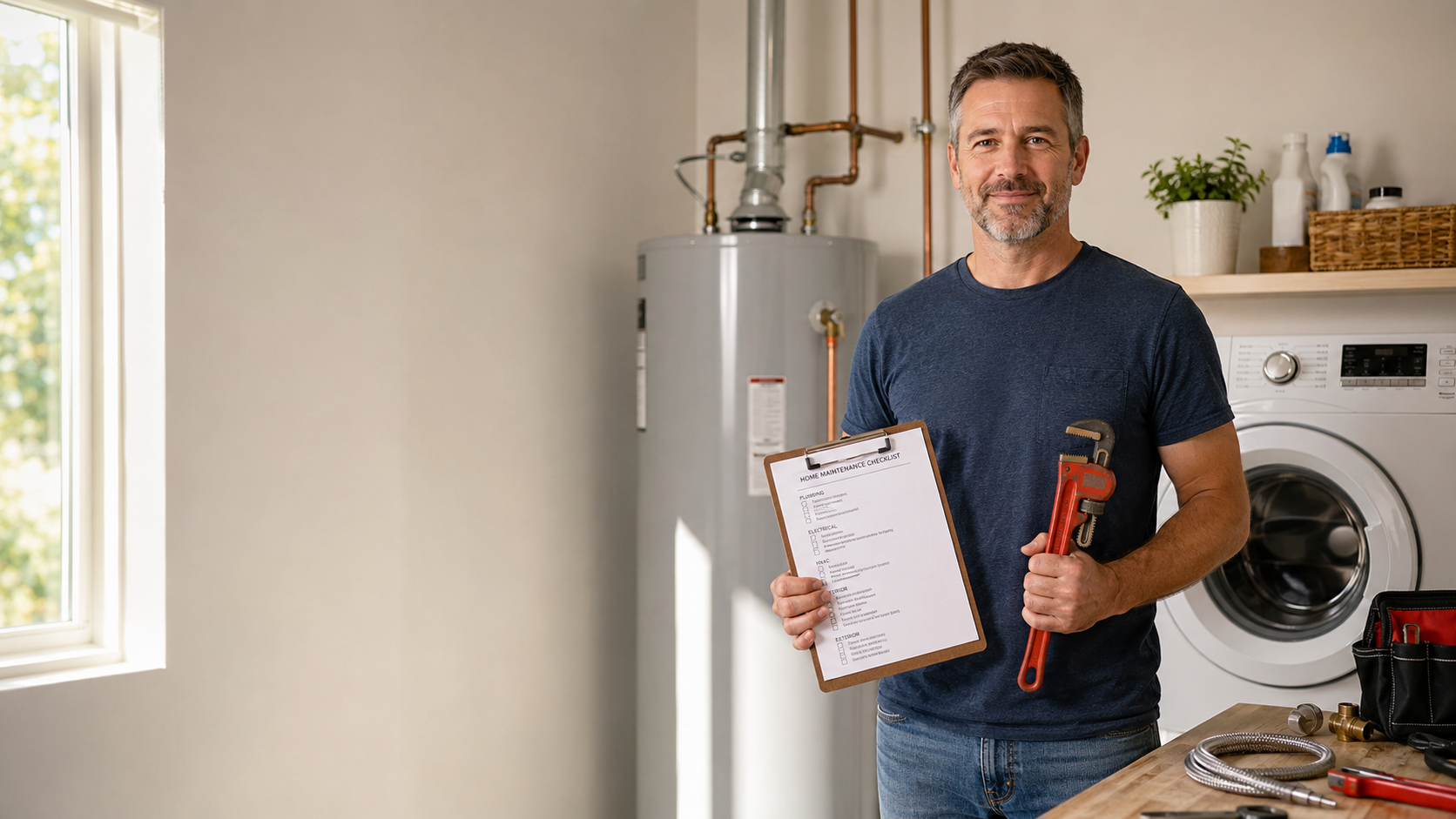 Homeowner going through summer plumbing tips checklist with a wrench in a home utility area