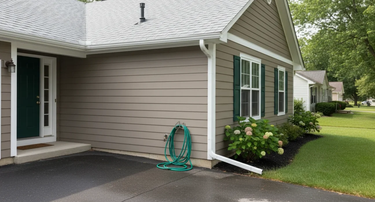 Summer roof plumbing checklist for middle-class homes showing gutters, downspout, and roof vent pipe