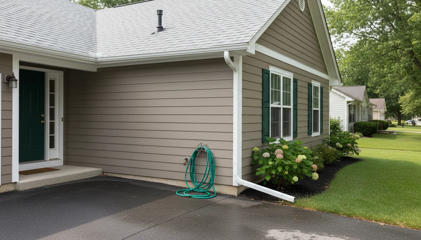 Summer roof plumbing checklist for middle-class homes showing gutters, downspout, and roof vent pipe