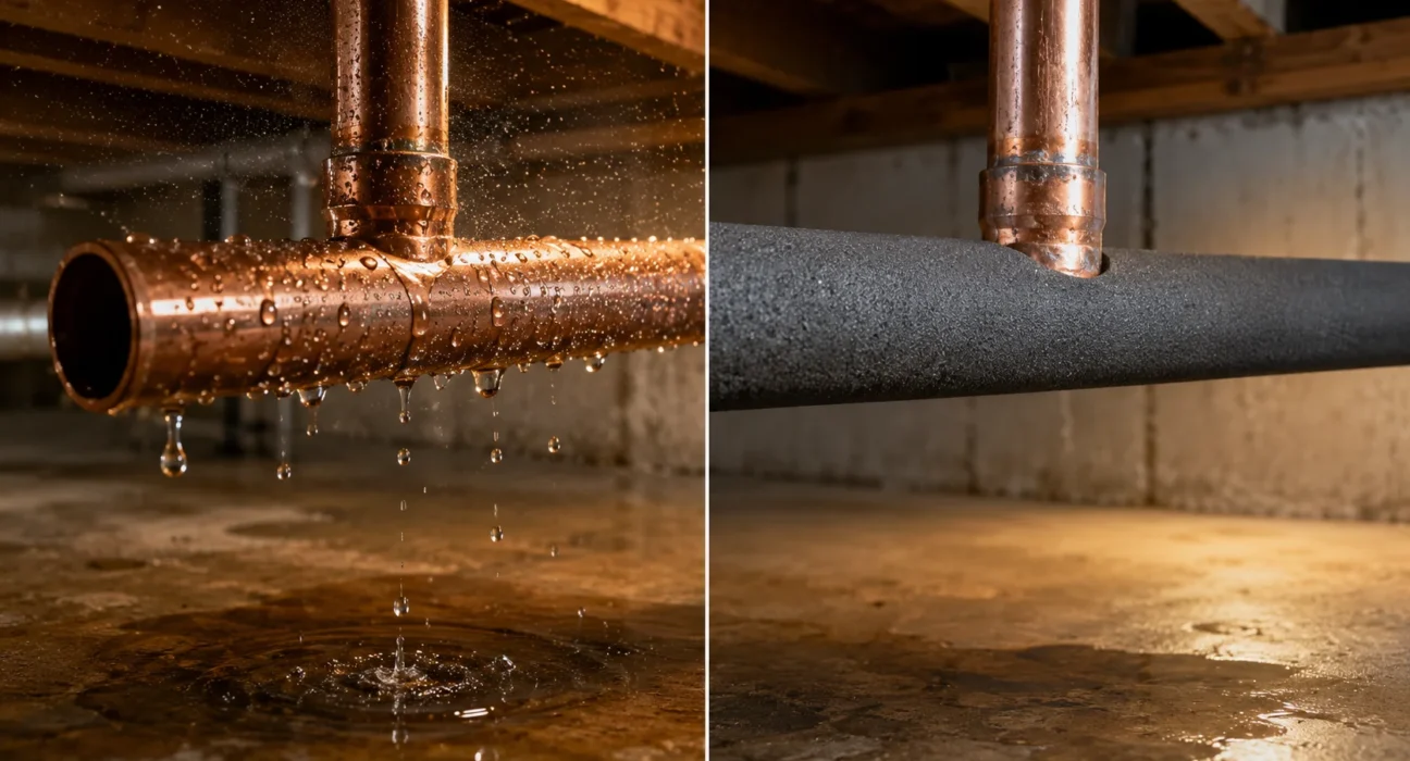 Split-view basement plumbing comparison showing a cold-water copper pipe covered in condensation and dripping water on one side, and a foam-insulated dry pipe on the other side.
