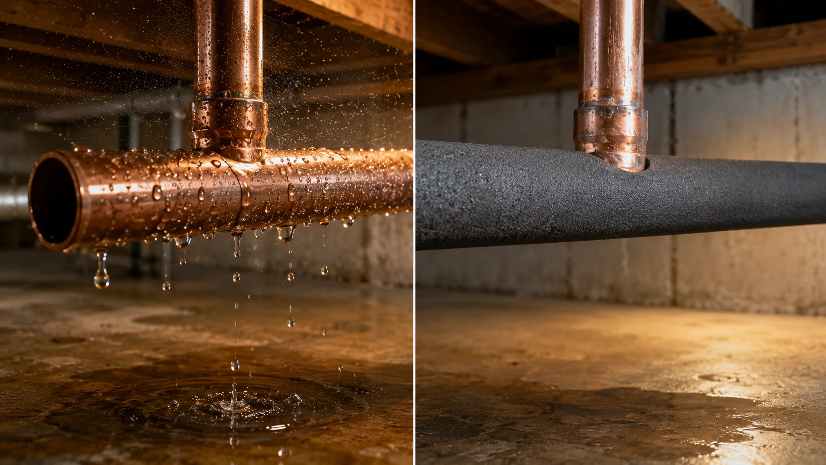 Split-view basement plumbing comparison showing a cold-water copper pipe covered in condensation and dripping water on one side, and a foam-insulated dry pipe on the other side.