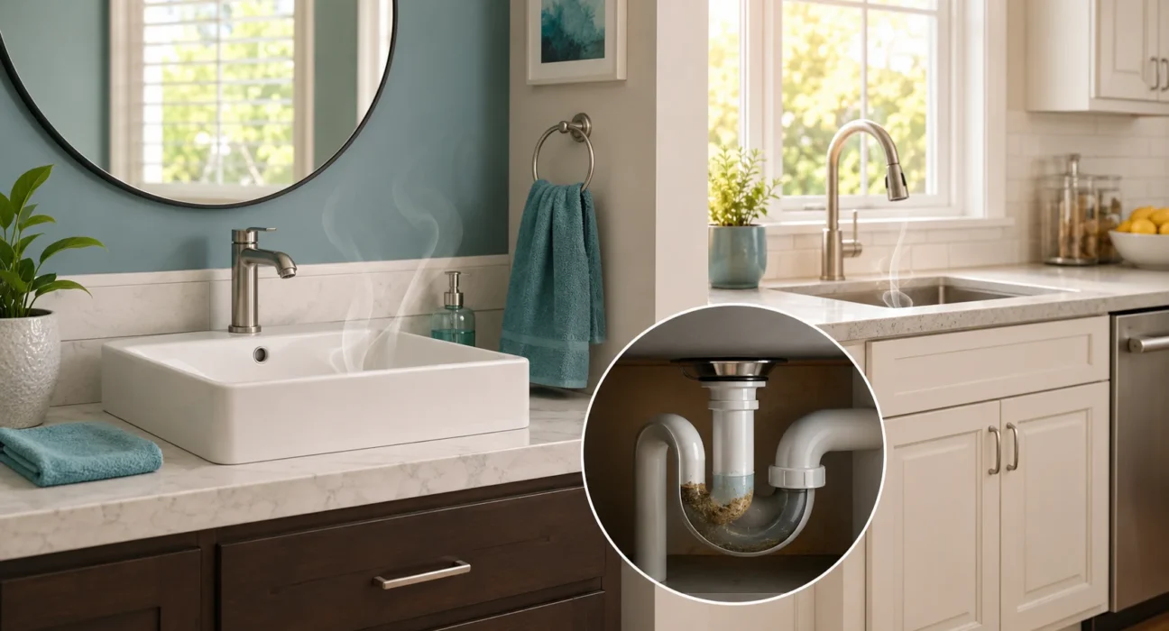 Modern bathroom and kitchen drains showing summer odor caused by dry P-trap and biofilm buildup