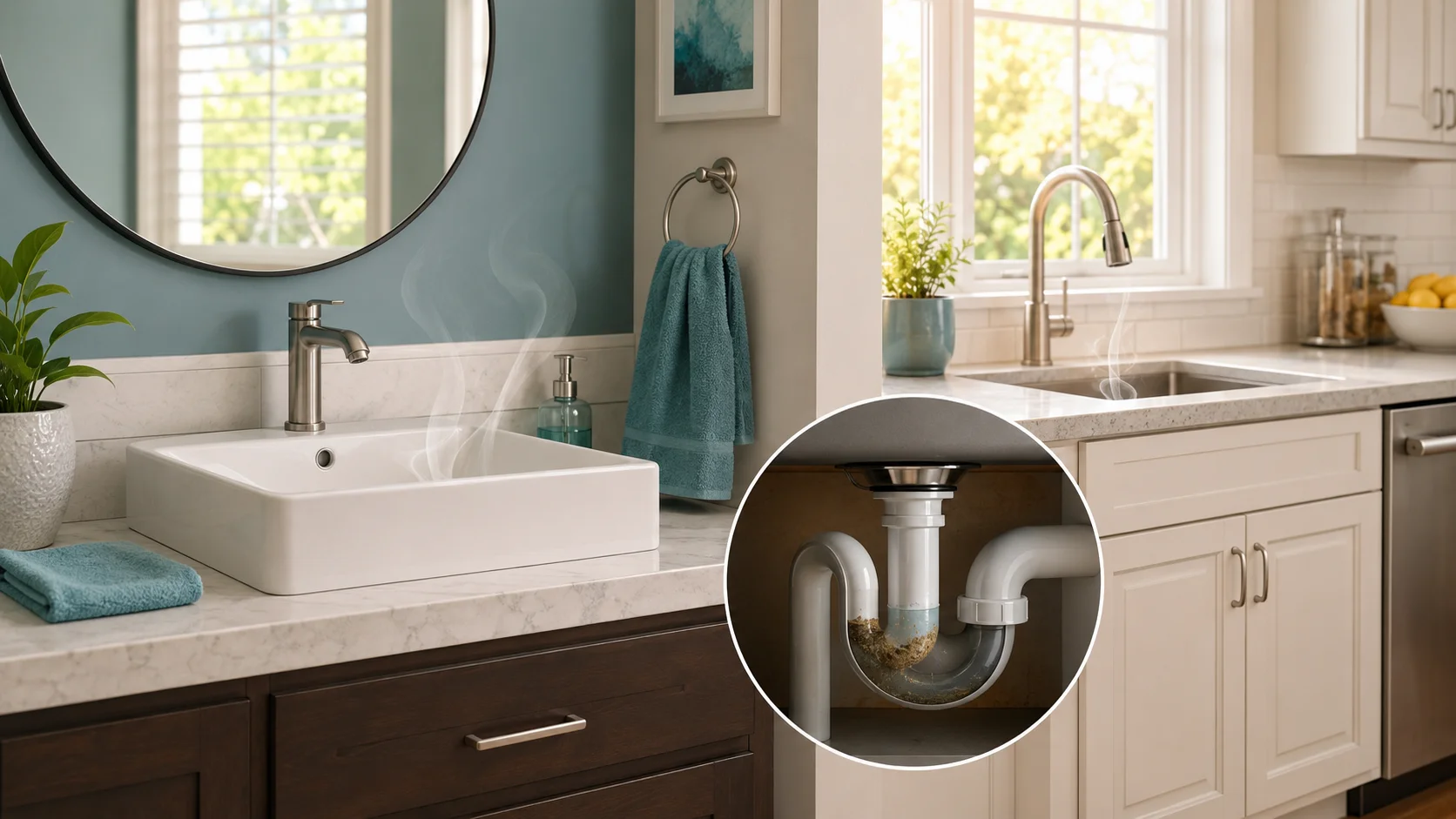 Modern bathroom and kitchen drains showing summer odor caused by dry P-trap and biofilm buildup
