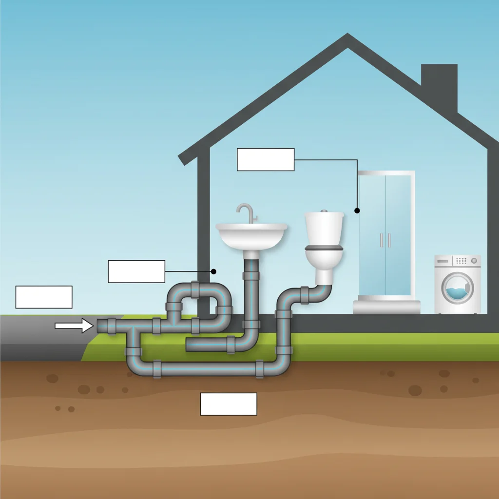 Infographic-style home plumbing diagram showing sink, toilet, shower, and laundry branch drains connecting to the main drain line toward the street