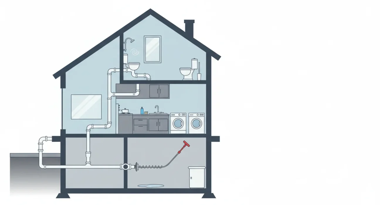 Main drain cleaning diagram showing home plumbing lines connecting to the main sewer drain