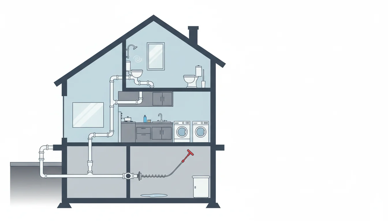 Main drain cleaning diagram showing home plumbing lines connecting to the main sewer drain