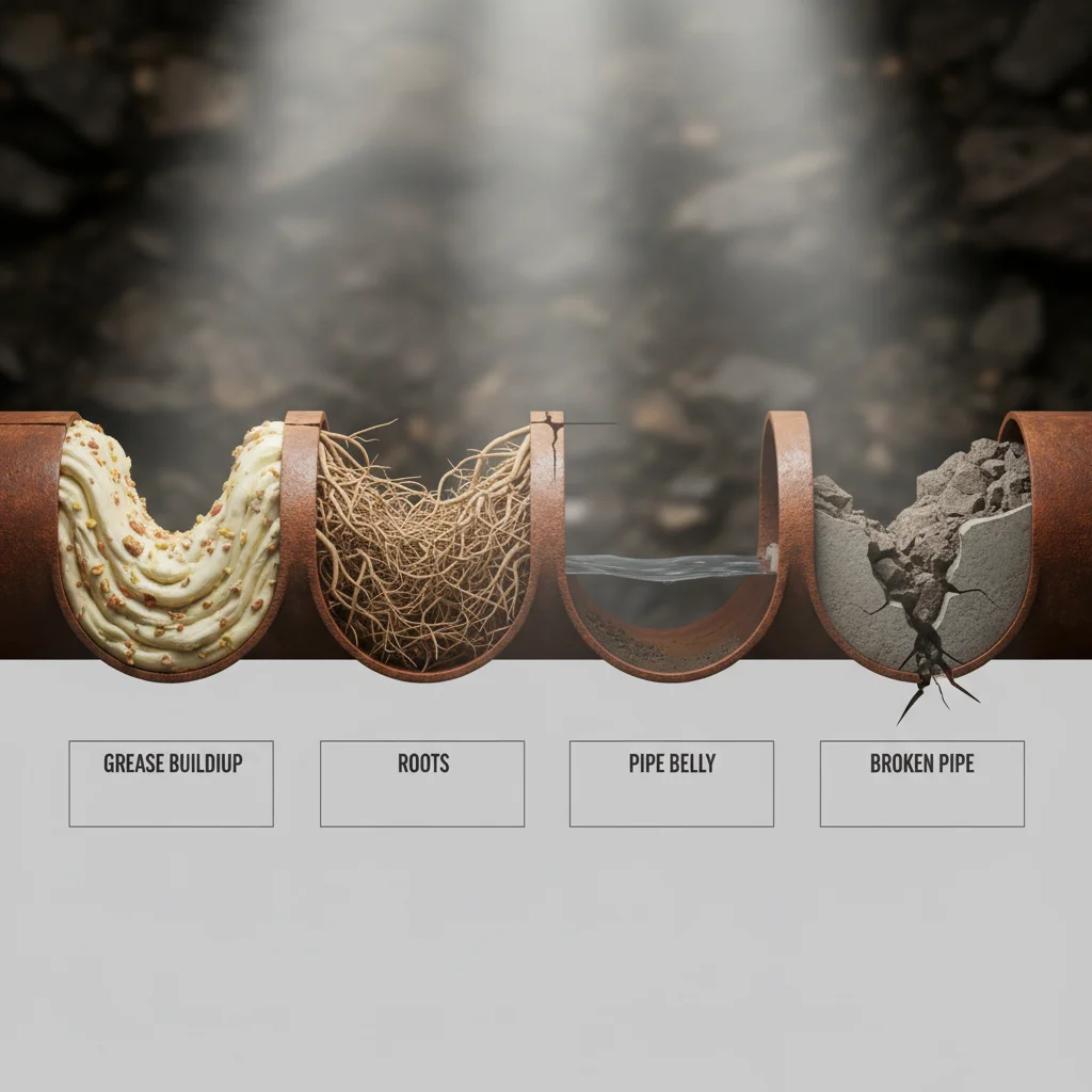 Pipe cutaway infographic showing four common clog causes including grease buildup, tree roots, pipe belly, and broken pipe